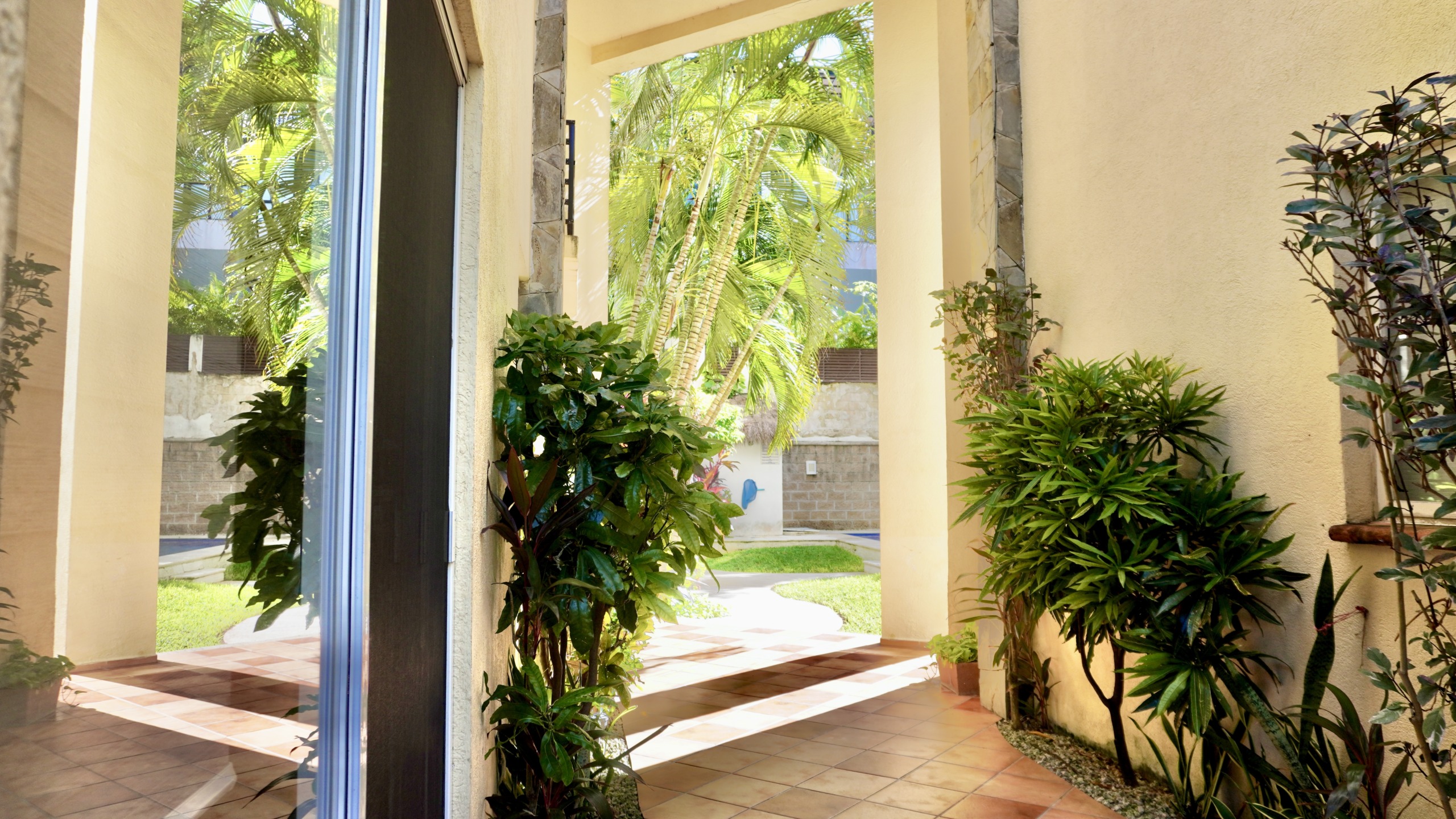Departamento en venta en centro cancún - Entrada exterior con vegetación y vista a un jardín tropical con palmeras