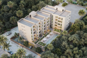 Departamentos en venta en Erenia Cancún vista aérea edificio